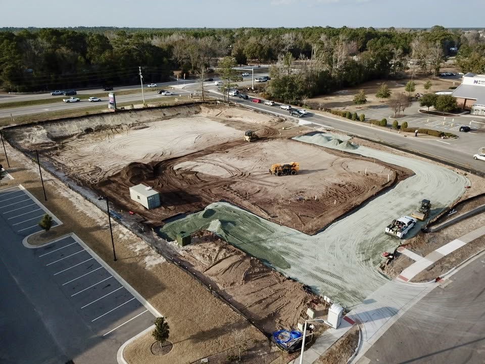 Aerial view of a commercial pad site graded by MSB Development